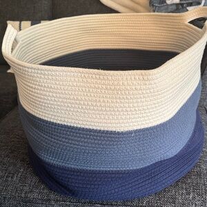 Striped Woven Basket in Cream and Blue for laundry to throws